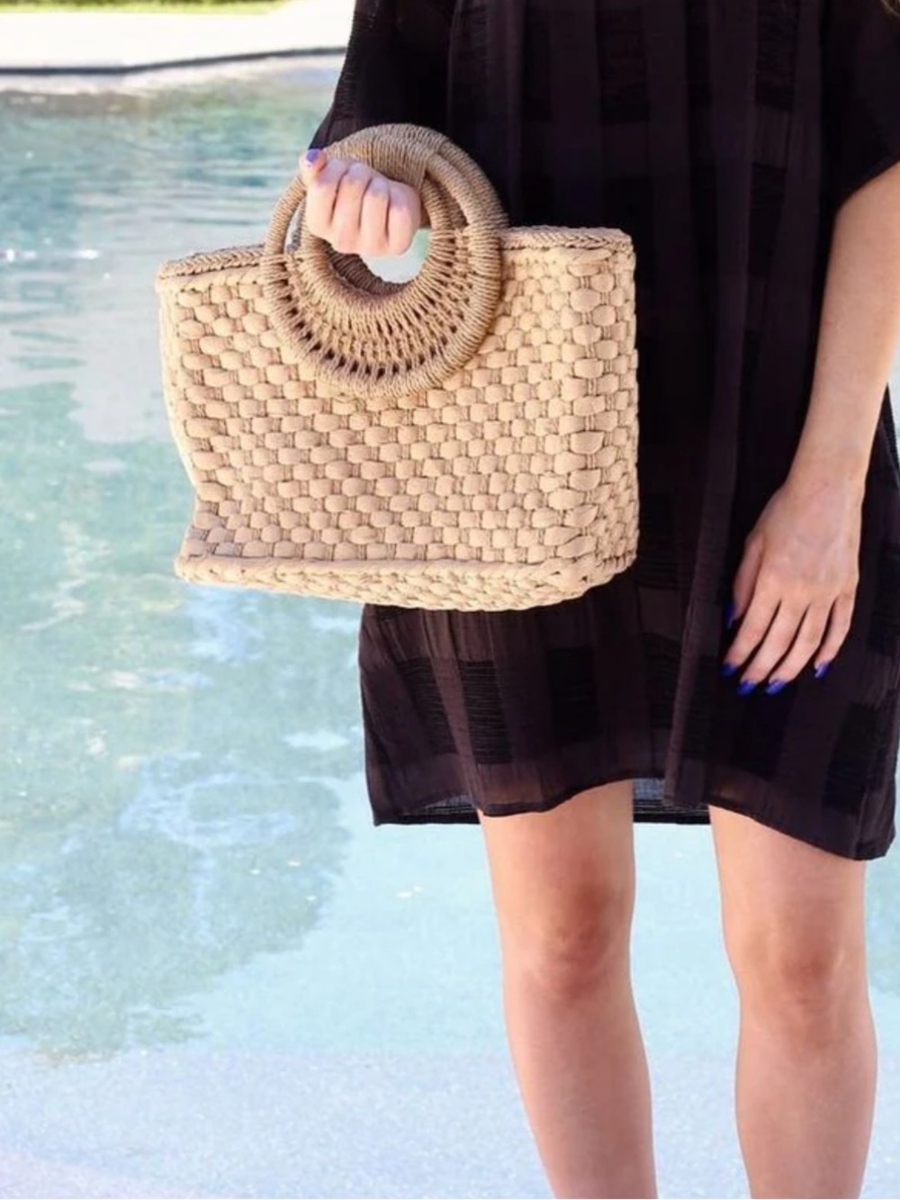 Stylish, tropical, BoHo Round handle straw basket bag